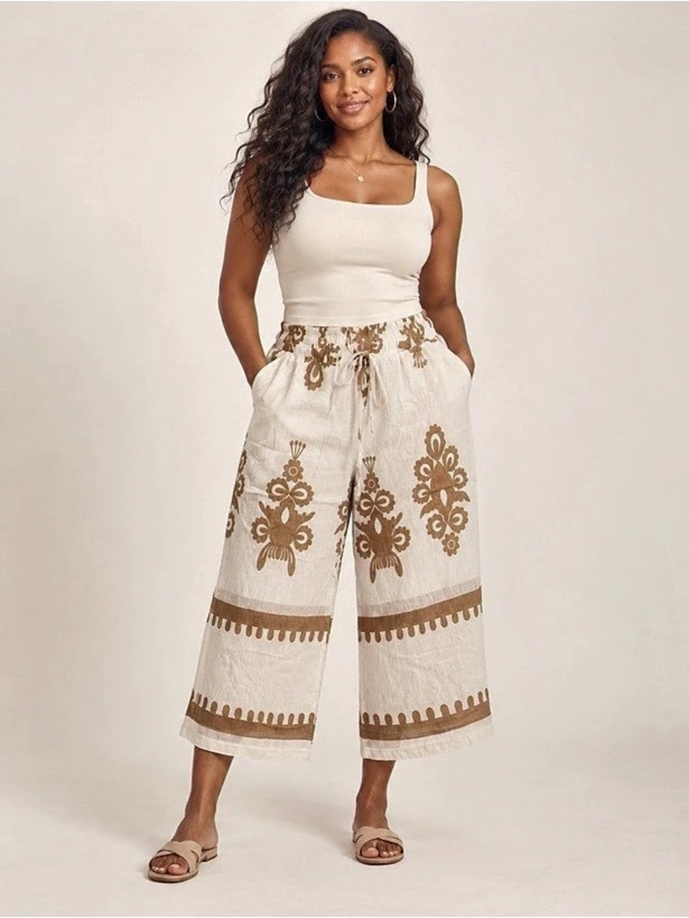 SAGA Floral Wide Leg Pants in White & Brown